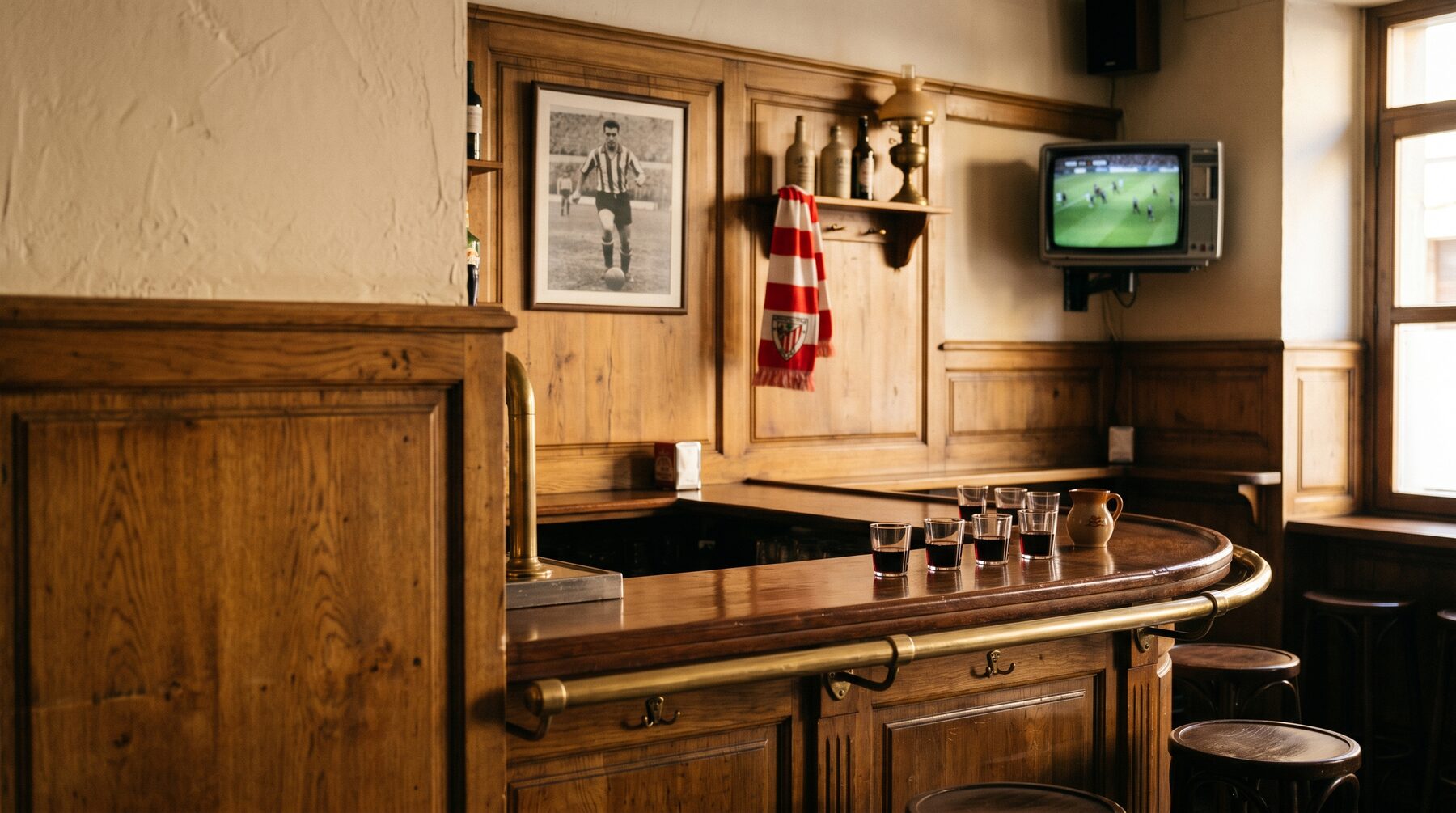 Interior del bar Aterpe Berria con barra de roble y luz cálida
